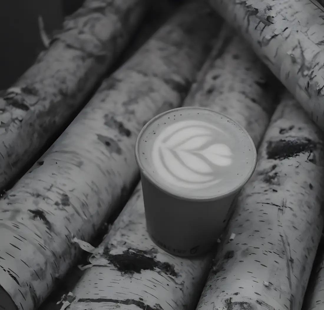 Cappuccino met latte art op berkenstammen