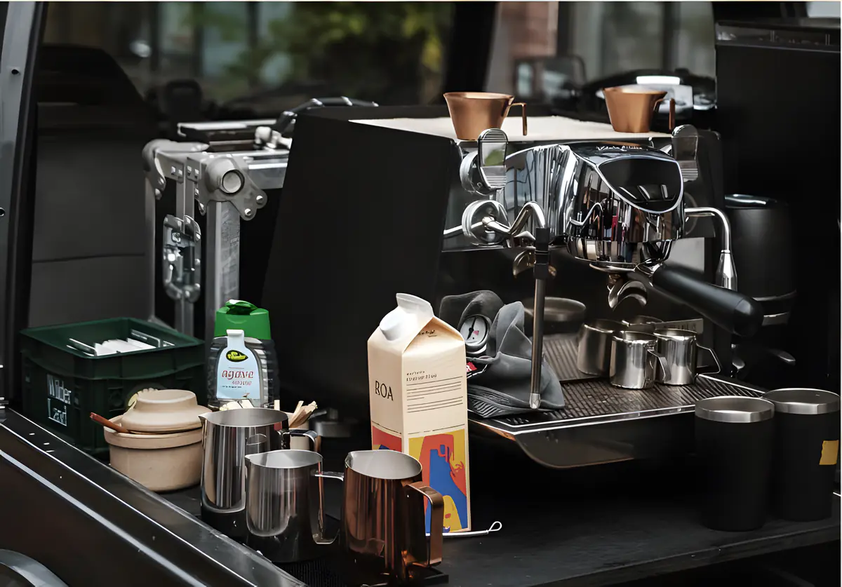 De espressomachine achterin de Suzuki Samurai